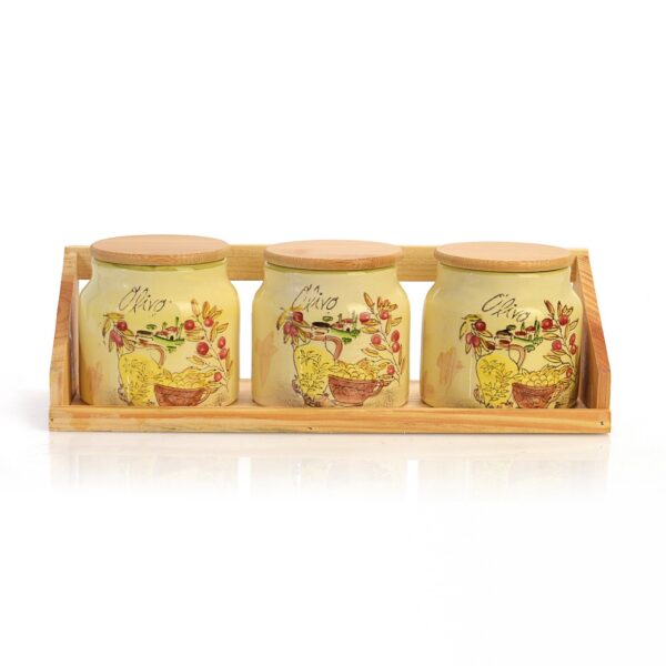 Coffee Tea Sugar Canister Set is use for storage of tea coffee sugar.They are use for dining table for daily breakfast and tea .tea coffee sugar jar come with wooden stand and airtight ceramic jar.tea coffee sugar container with lid.